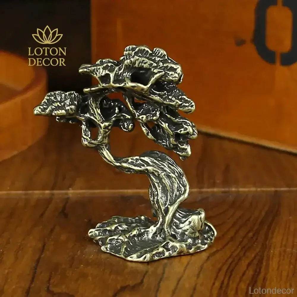 Solid Brass Pine Statue Guest Greeting Pine Tree Zen Garden Metal Art Feng Shui Wealth Statue Amulet Prosperity Luck Money - Loton Decor