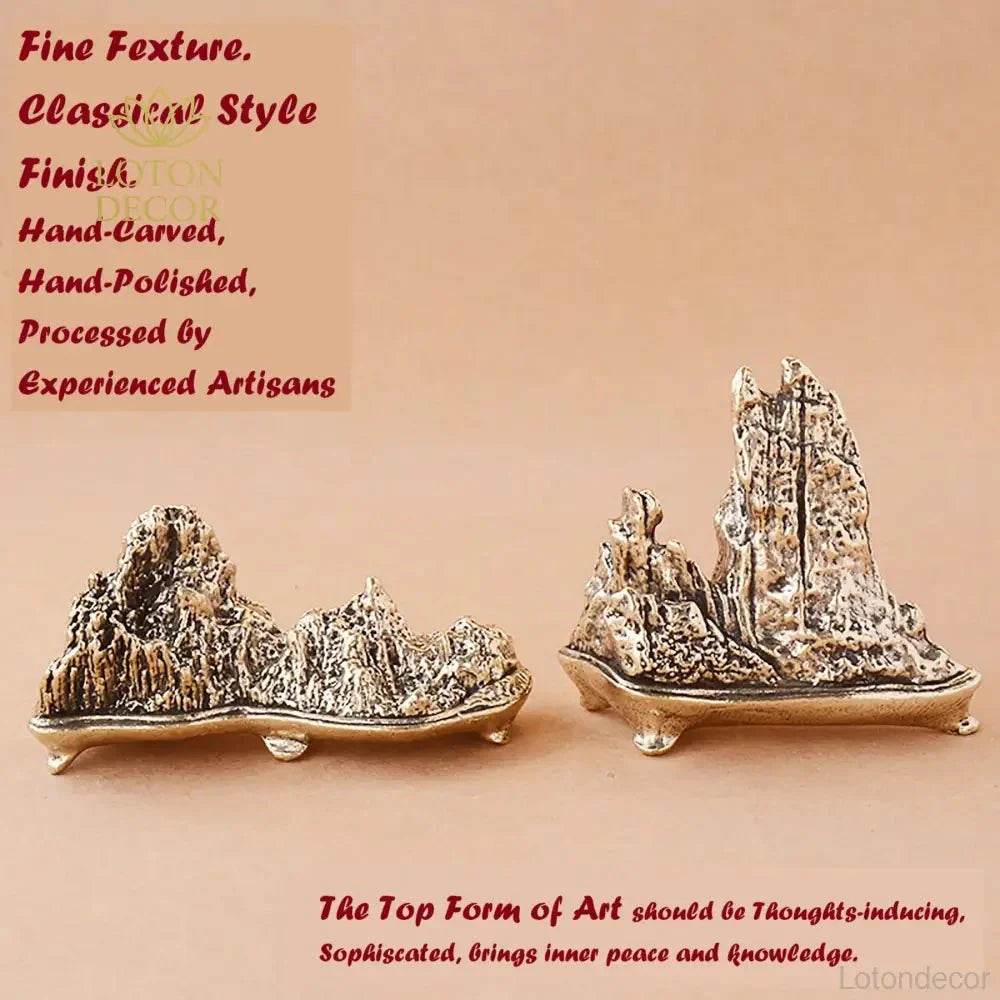 Solid Brass Rock Garden Statue Taihu Lake Rock Bonsai Zen Garden Metal Art Amulet for Prosperity Wealth Tranquility - Loton Decor