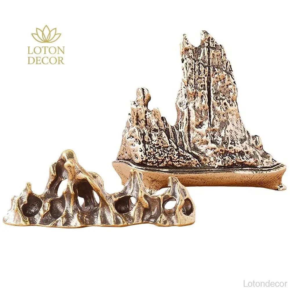 Solid Brass Rock Garden Statue Taihu Lake Rock Bonsai Zen Garden Metal Art Amulet for Prosperity Wealth Tranquility - Loton Decor