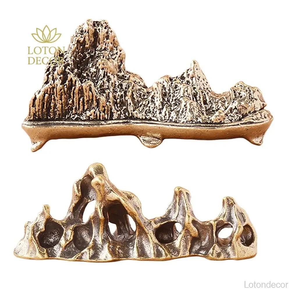 Solid Brass Rock Garden Statue Taihu Lake Rock Bonsai Zen Garden Metal Art Amulet for Prosperity Wealth Tranquility - Loton Decor