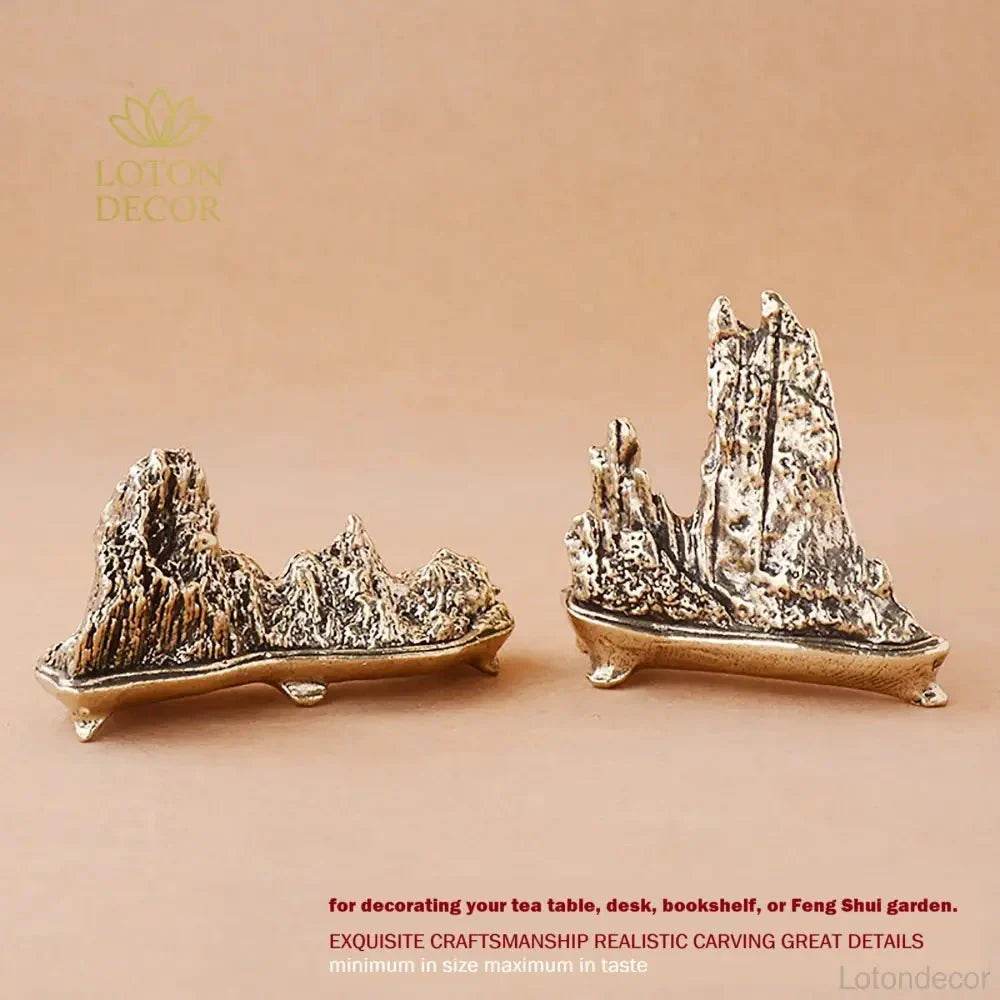 Solid Brass Rock Garden Statue Taihu Lake Rock Bonsai Zen Garden Metal Art Amulet for Prosperity Wealth Tranquility - Loton Decor