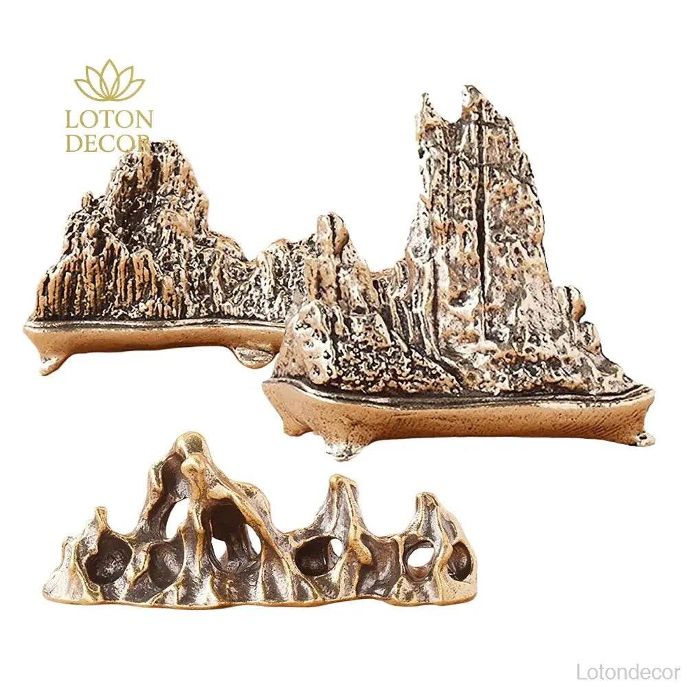 Solid Brass Rock Garden Statue Taihu Lake Rock Bonsai Zen Garden Metal Art Amulet for Prosperity Wealth Tranquility - Loton Decor