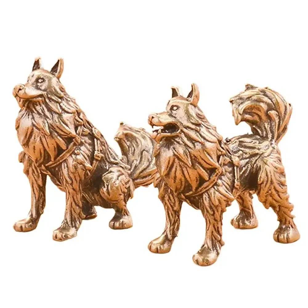 Solid Brass Sky Wolf Statue Sleigh Dog Feng Shui Metal Art Puppy Sculpture Home Decor - Loton Decor