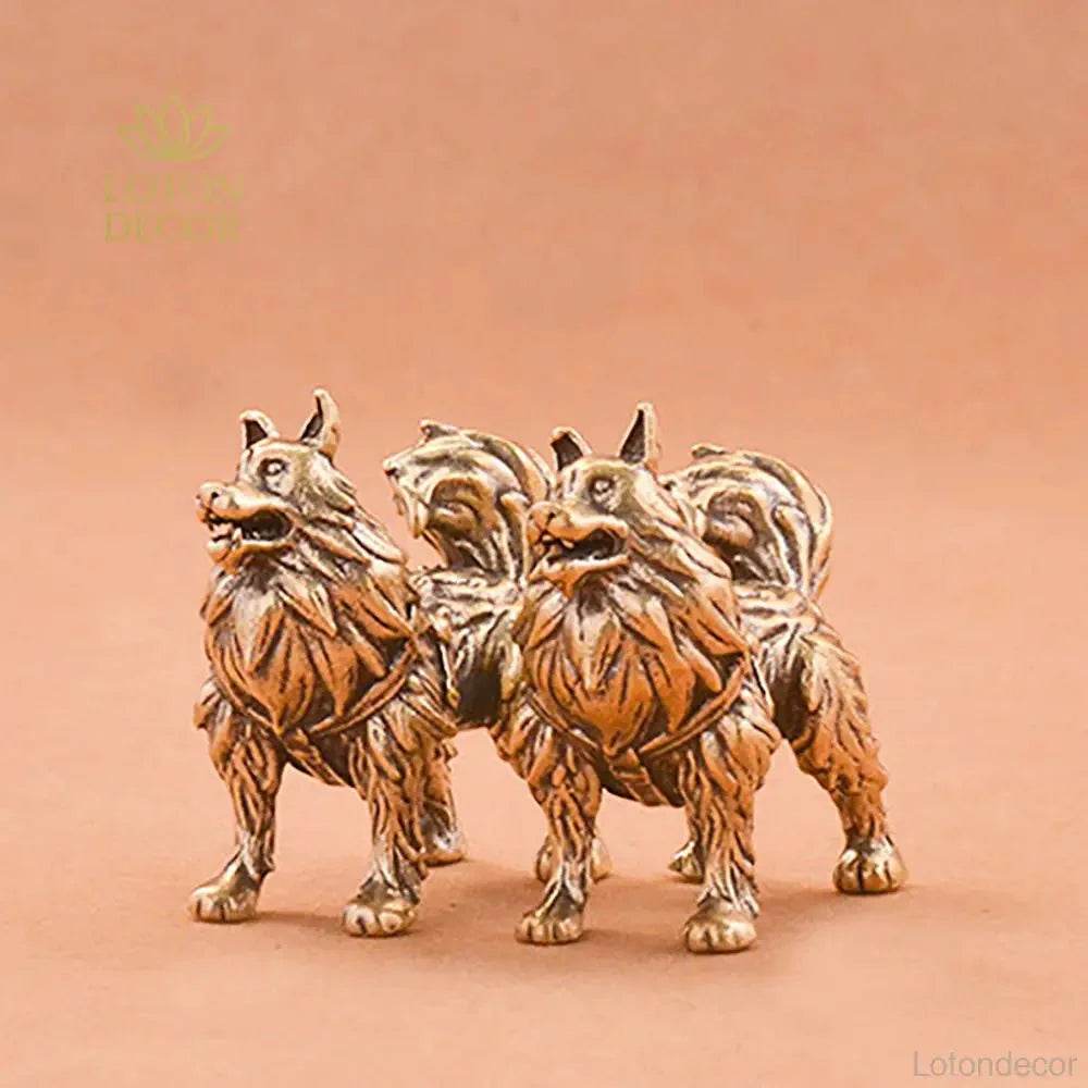 Solid Brass Sky Wolf Statue Sleigh Dog Feng Shui Metal Art Puppy Sculpture Home Decor - Loton Decor