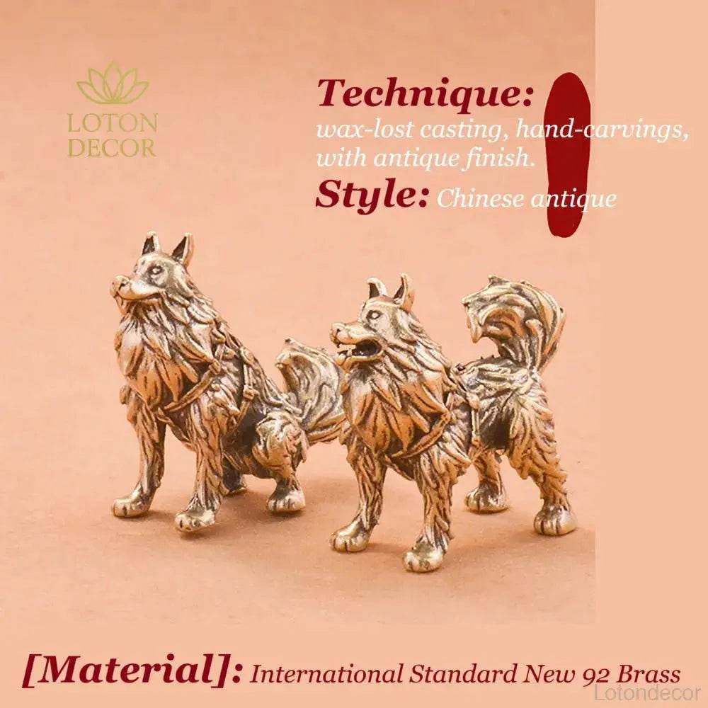 Solid Brass Sky Wolf Statue Sleigh Dog Feng Shui Metal Art Puppy Sculpture Home Decor - Loton Decor