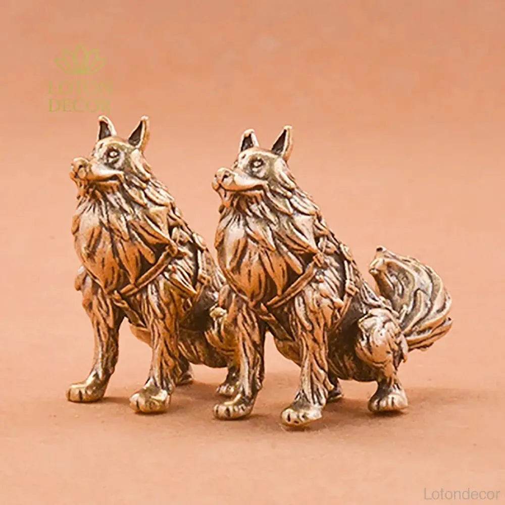 Solid Brass Sky Wolf Statue Sleigh Dog Feng Shui Metal Art Puppy Sculpture Home Decor - Loton Decor