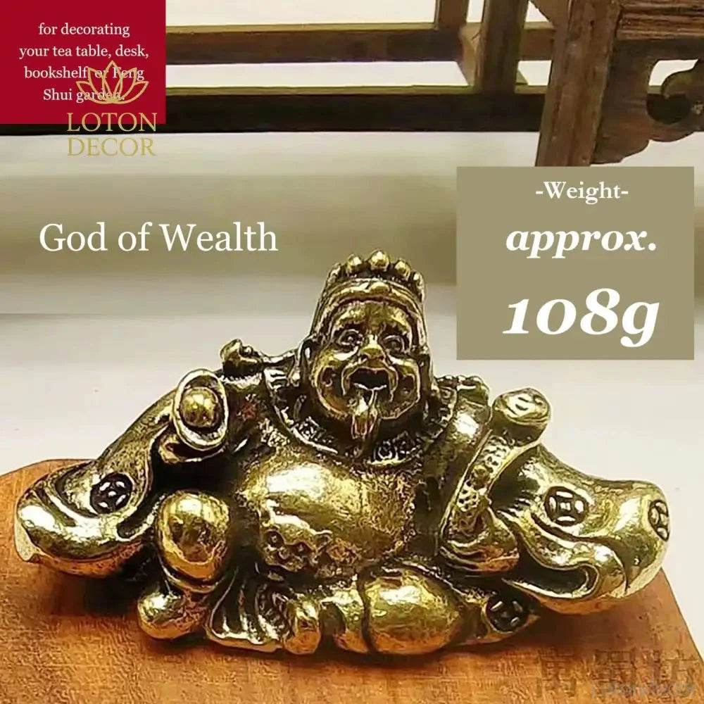 Solid Brass Statue God of Wealth Hold Ingot Ancient Coin Embroidery Robe Metal Art Antique Talisman for Money - Loton Decor