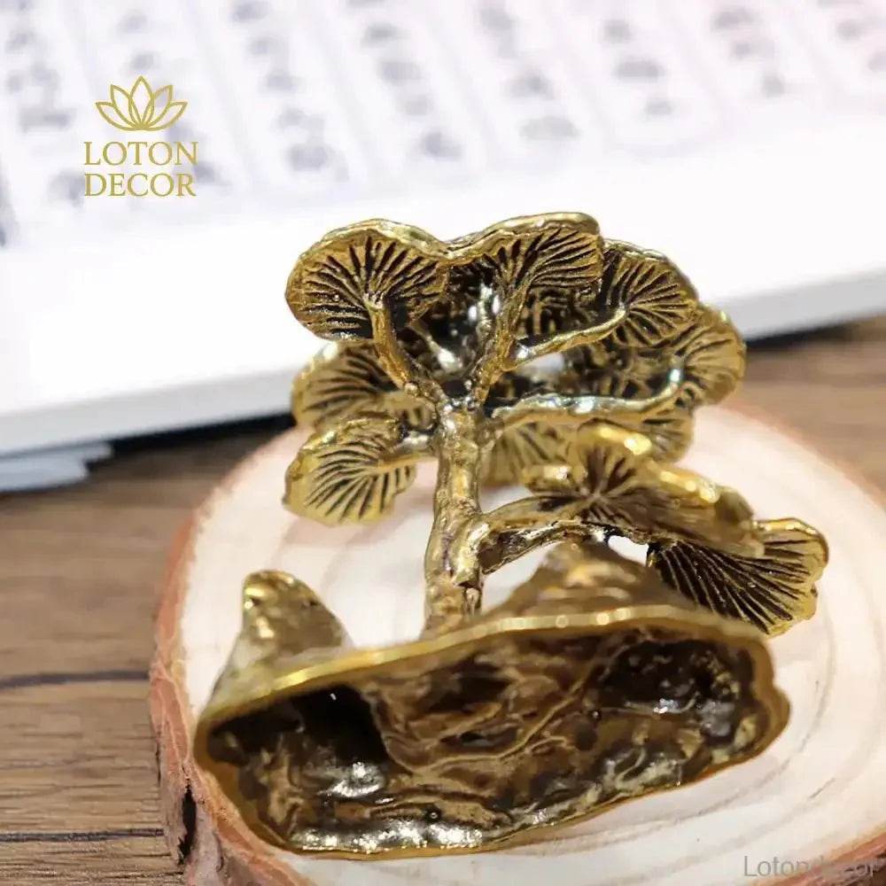 Solid Brass Statue Mini Guest Greeting Pine Tree Zen Garden Metal Art Feng Shui Wealth Statue Amulet for Prosperity Luck Money - Loton Decor
