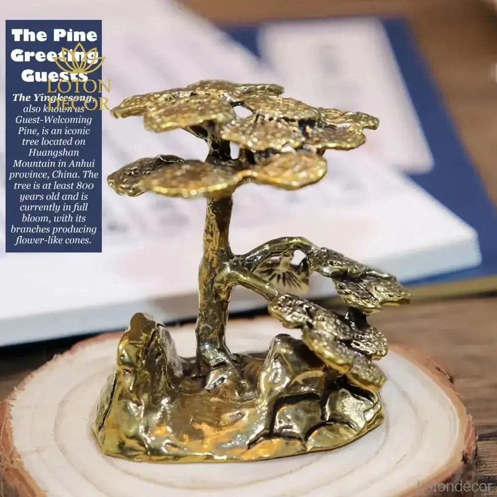 Solid Brass Statue Mini Guest Greeting Pine Tree Zen Garden Metal Art Feng Shui Wealth Statue Amulet for Prosperity Luck Money - Loton Decor