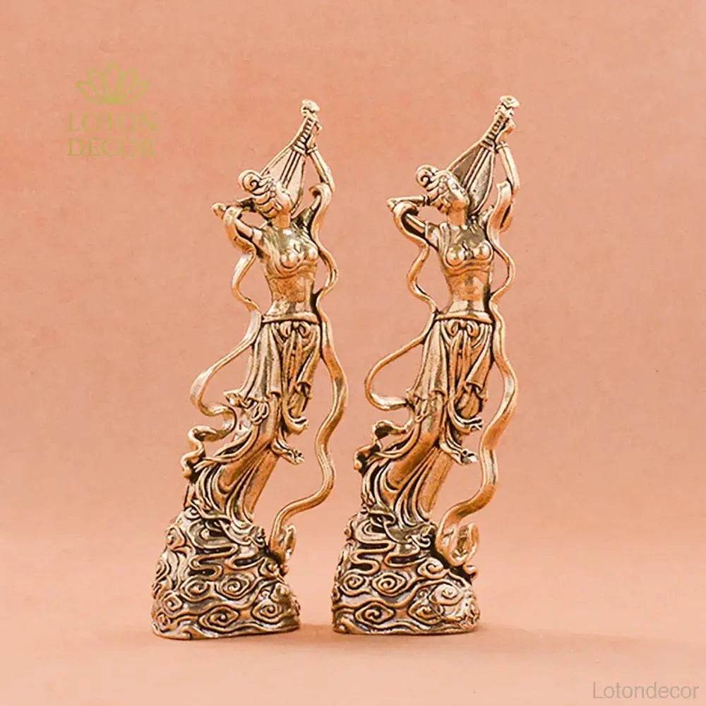Solid Brass Statue Saraswati Goddess of Music Play Lute Pipa Feng Shui Statue Metal Art Dunhuang Mural - Loton Decor