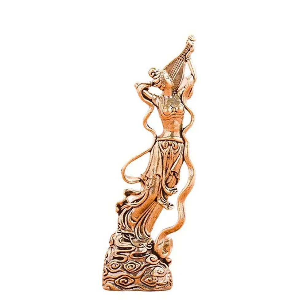 Solid Brass Statue Saraswati Goddess of Music Play Lute Pipa Feng Shui Statue Metal Art Dunhuang Mural - Loton Decor