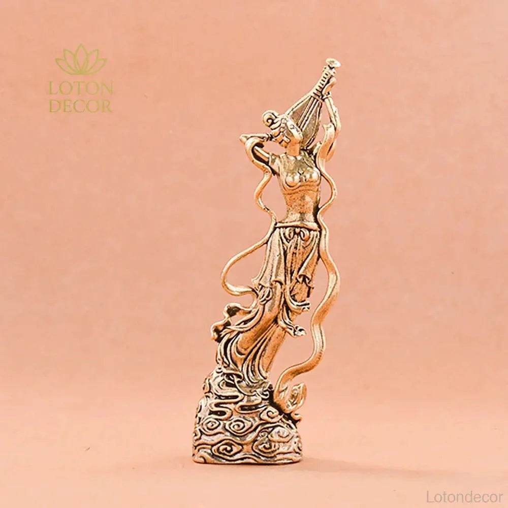 Solid Brass Statue Saraswati Goddess of Music Play Lute Pipa Feng Shui Statue Metal Art Dunhuang Mural - Loton Decor