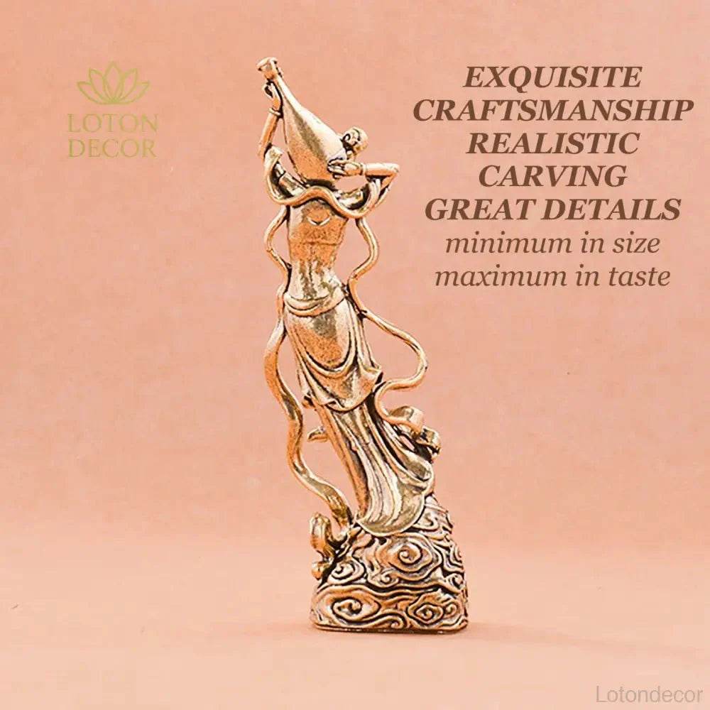 Solid Brass Statue Saraswati Goddess of Music Play Lute Pipa Feng Shui Statue Metal Art Dunhuang Mural - Loton Decor