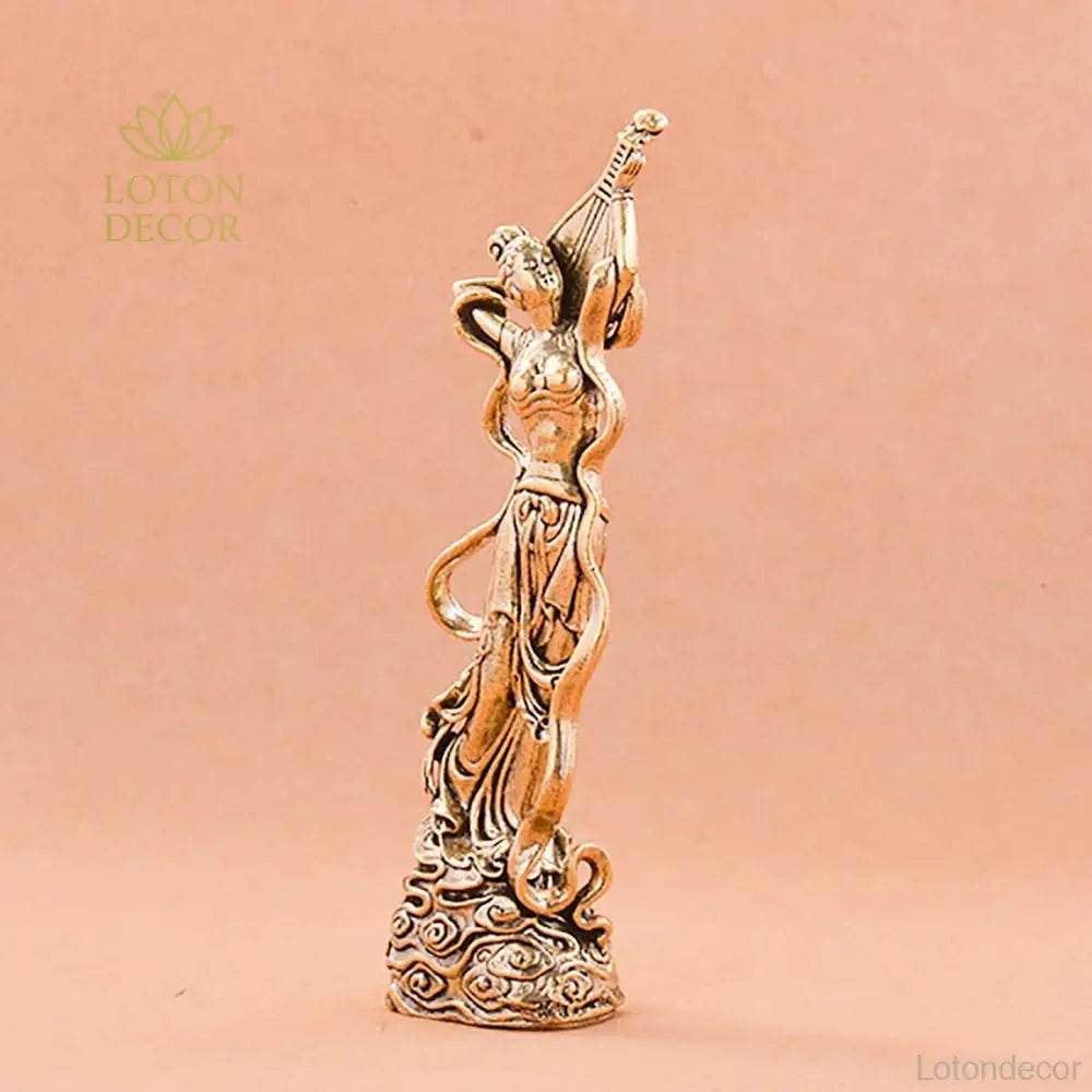 Solid Brass Statue Saraswati Goddess of Music Play Lute Pipa Feng Shui Statue Metal Art Dunhuang Mural - Loton Decor