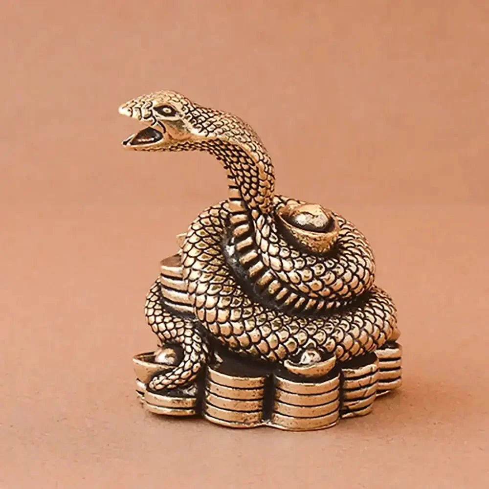 Solid Brass Statue Snake Curl Up on Ancient Coins Feng Shui Wealth Statue Zodiac Spiritual Animal Talisman for Money - Loton Decor