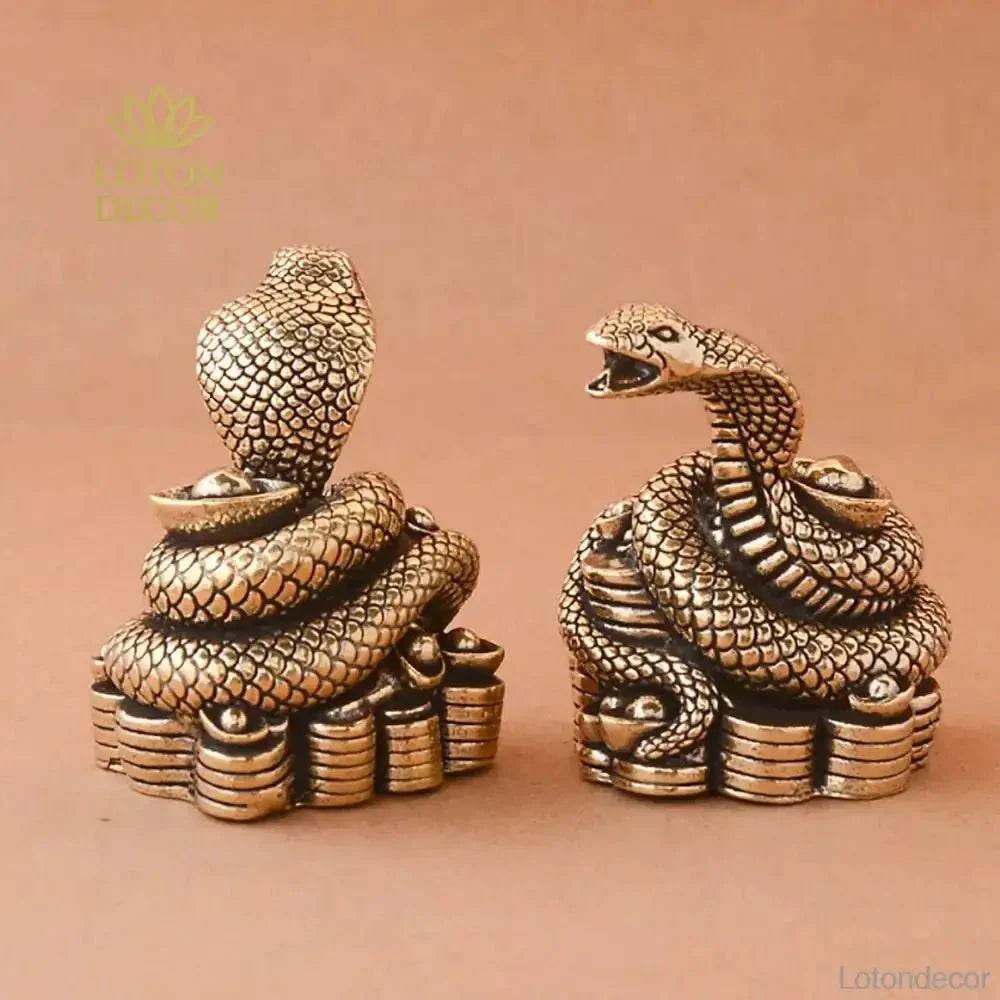 Solid Brass Statue Snake Curl Up on Ancient Coins Feng Shui Wealth Statue Zodiac Spiritual Animal Talisman for Money - Loton Decor