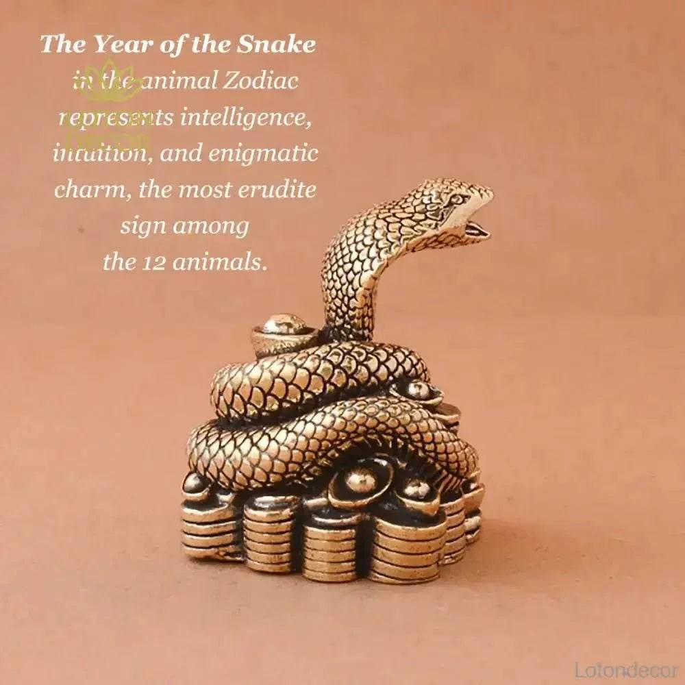 Solid Brass Statue Snake Curl Up on Ancient Coins Feng Shui Wealth Statue Zodiac Spiritual Animal Talisman for Money - Loton Decor