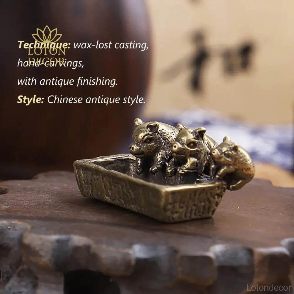 Solid Brass Statue Three Little Piglets on Manger Feng Shui Wealth Statue Metal Art Antique Talisman Farm Animal Figurine - Loton Decor