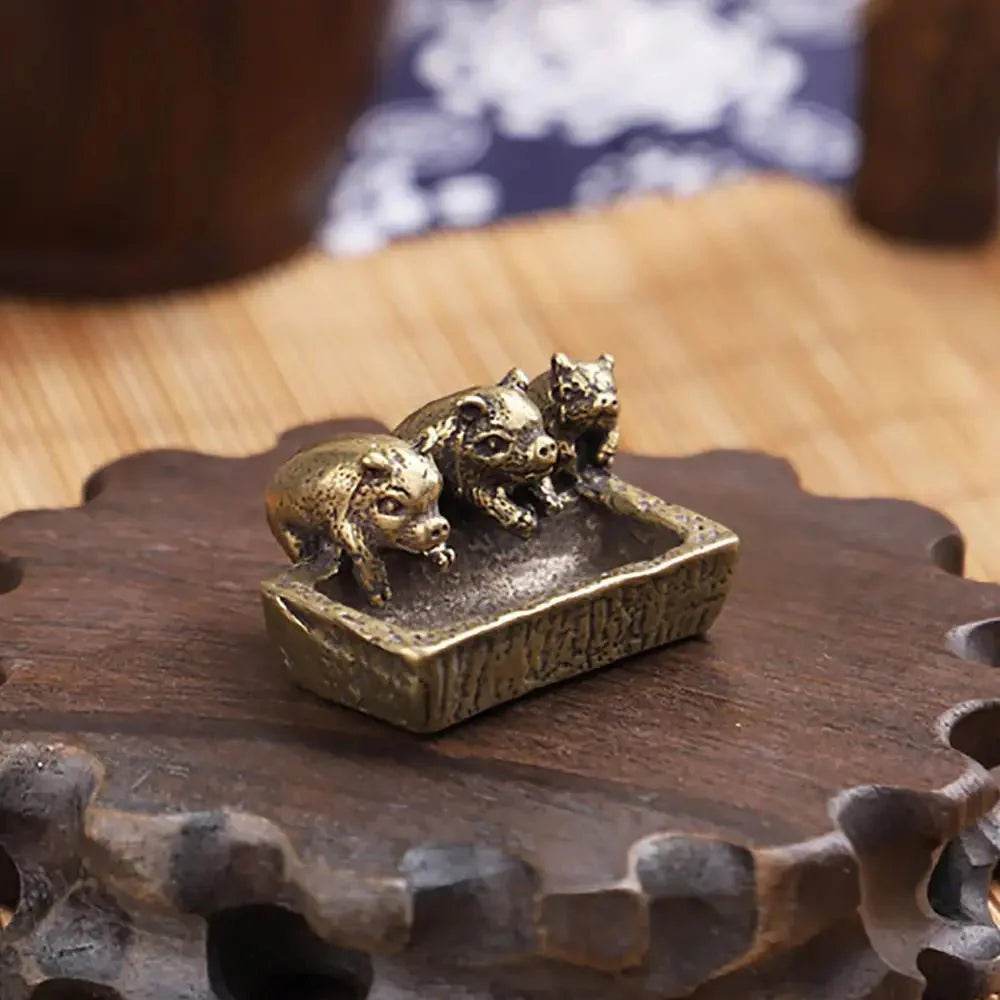Solid Brass Statue Three Little Piglets on Manger Feng Shui Wealth Statue Metal Art Antique Talisman Farm Animal Figurine - Loton Decor