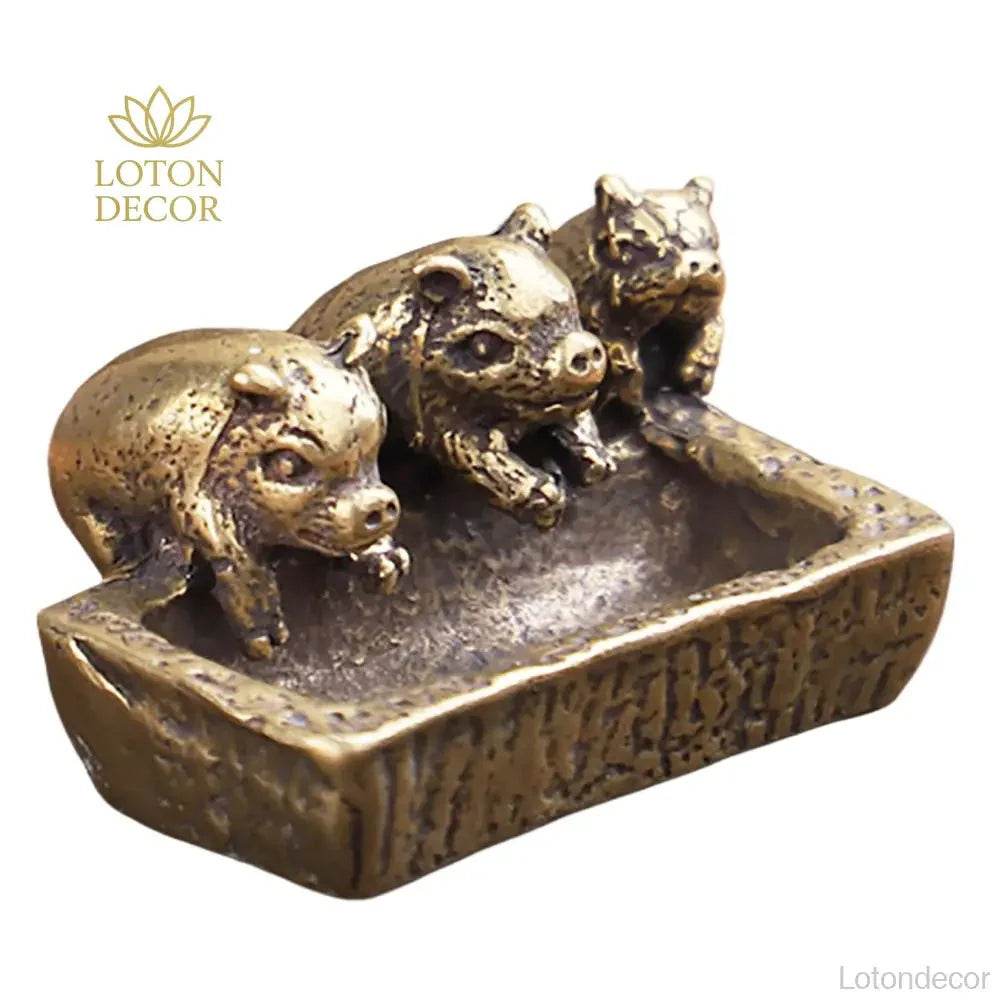 Solid Brass Statue Three Little Piglets on Manger Feng Shui Wealth Statue Metal Art Antique Talisman Farm Animal Figurine - Loton Decor