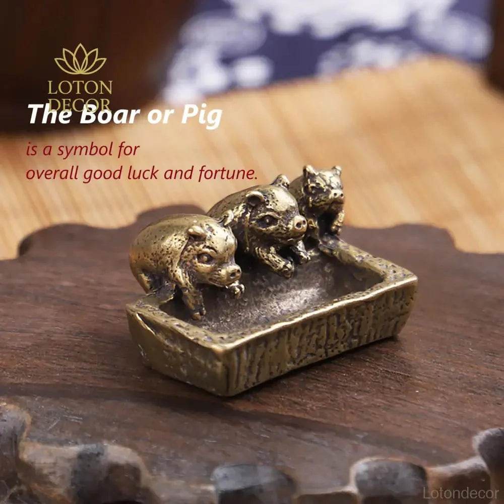 Solid Brass Statue Three Little Piglets on Manger Feng Shui Wealth Statue Metal Art Antique Talisman Farm Animal Figurine - Loton Decor