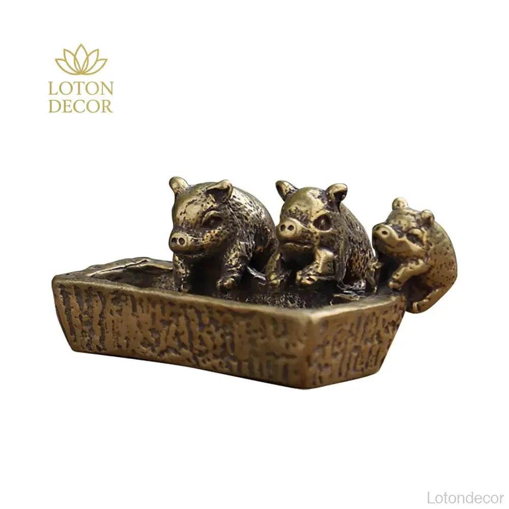 Solid Brass Statue Three Little Piglets on Manger Feng Shui Wealth Statue Metal Art Antique Talisman Farm Animal Figurine - Loton Decor