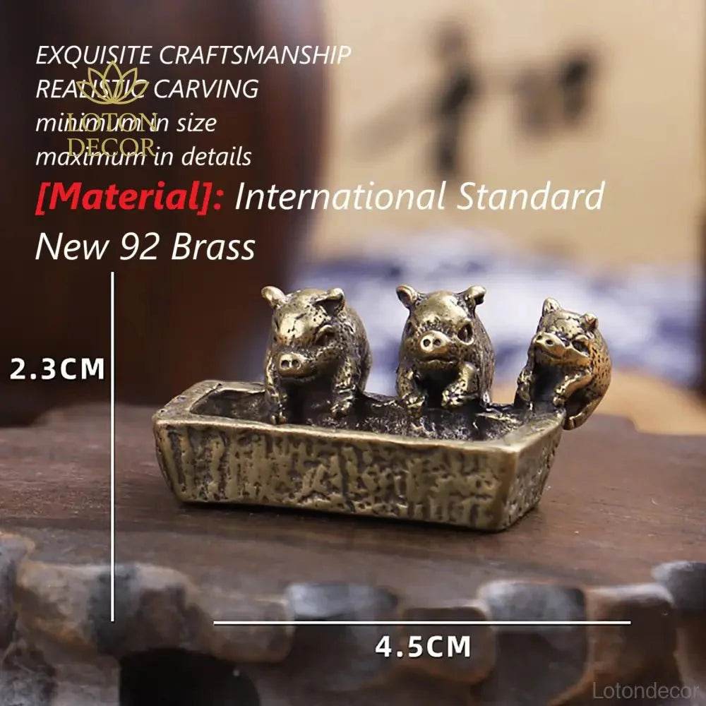Solid Brass Statue Three Little Piglets on Manger Feng Shui Wealth Statue Metal Art Antique Talisman Farm Animal Figurine - Loton Decor