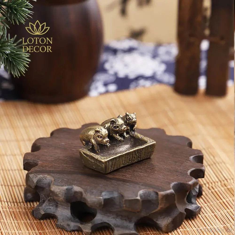Solid Brass Statue Three Little Piglets on Manger Feng Shui Wealth Statue Metal Art Antique Talisman Farm Animal Figurine - Loton Decor