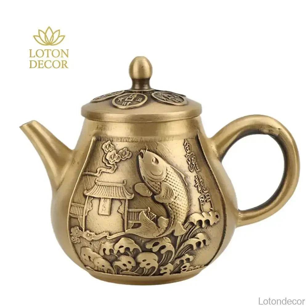 Solid Brass Tea Pot Koi Fish Carp Across the Dragon Gate Feng Shui Wealthy Treasure Tea Pot Amulet for Prosperity Academic Success - Loton Decor