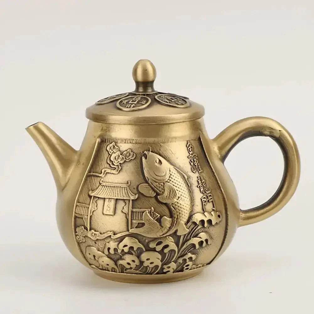 Solid Brass Tea Pot Koi Fish Carp Across the Dragon Gate Feng Shui Wealthy Treasure Tea Pot Amulet for Prosperity Academic Success - Loton Decor