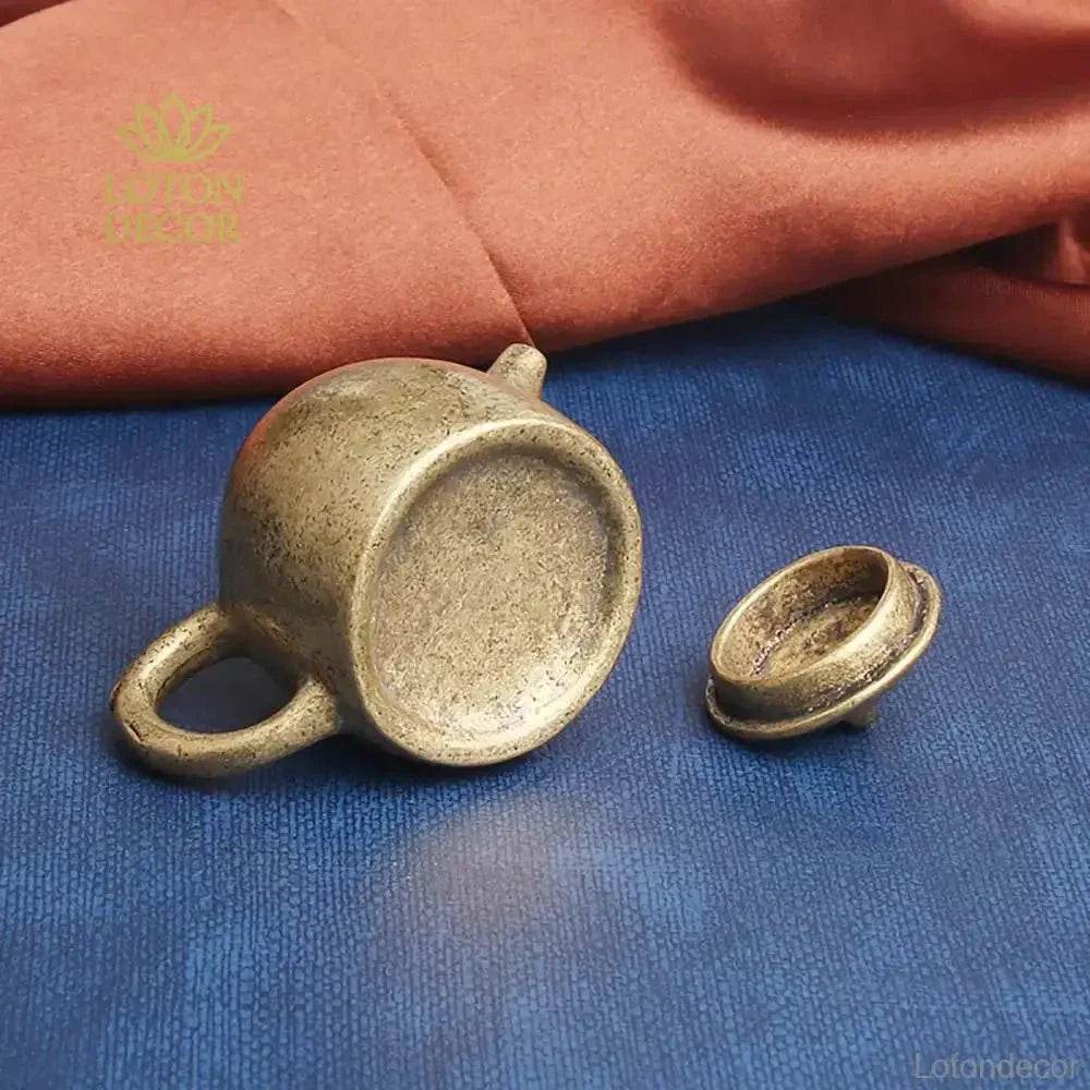 Solid Brass Tea Pot Mini Statue Sichuan Kung Fu Treasure Wealth Attraction Tea Pot Metal Art Talisman for Prosperity - Loton Decor