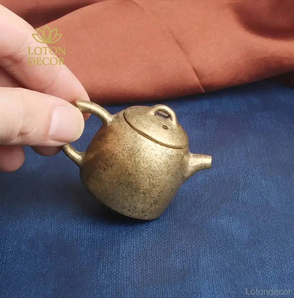 Solid Brass Tea Pot Mini Statue Sichuan Kung Fu Treasure Wealth Attraction Tea Pot Metal Art Talisman for Prosperity - Loton Decor