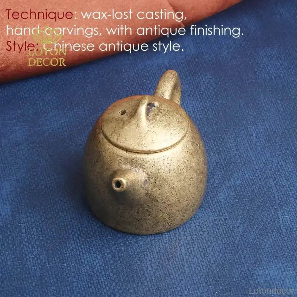 Solid Brass Tea Pot Mini Statue Sichuan Kung Fu Treasure Wealth Attraction Tea Pot Metal Art Talisman for Prosperity - Loton Decor