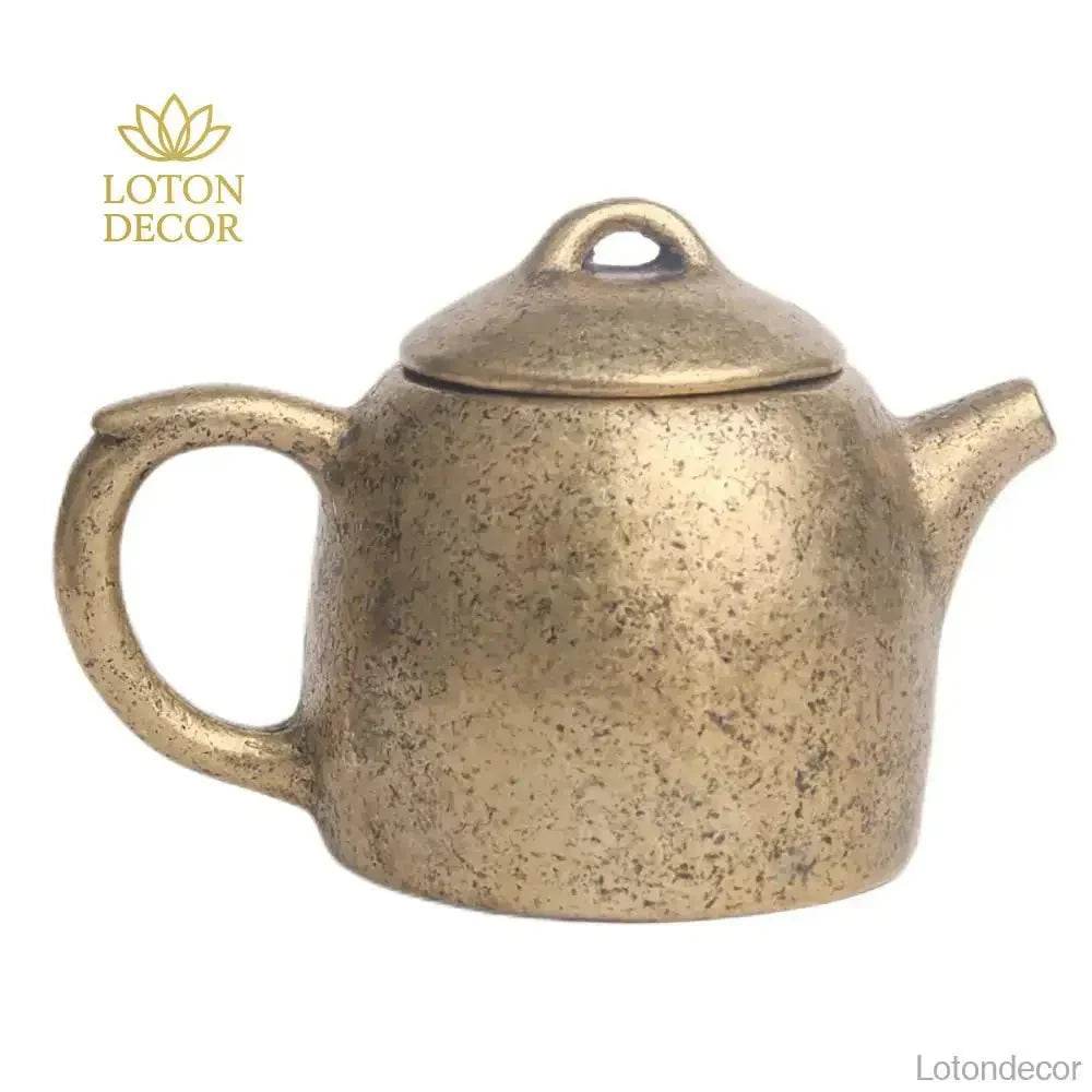 Solid Brass Tea Pot Mini Statue Sichuan Kung Fu Treasure Wealth Attraction Tea Pot Metal Art Talisman for Prosperity - Loton Decor