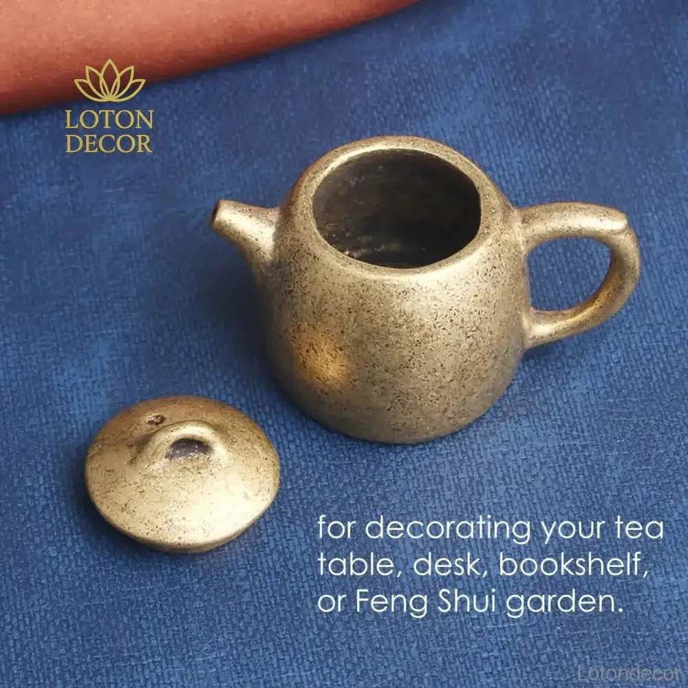 Solid Brass Tea Pot Mini Statue Sichuan Kung Fu Treasure Wealth Attraction Tea Pot Metal Art Talisman for Prosperity - Loton Decor