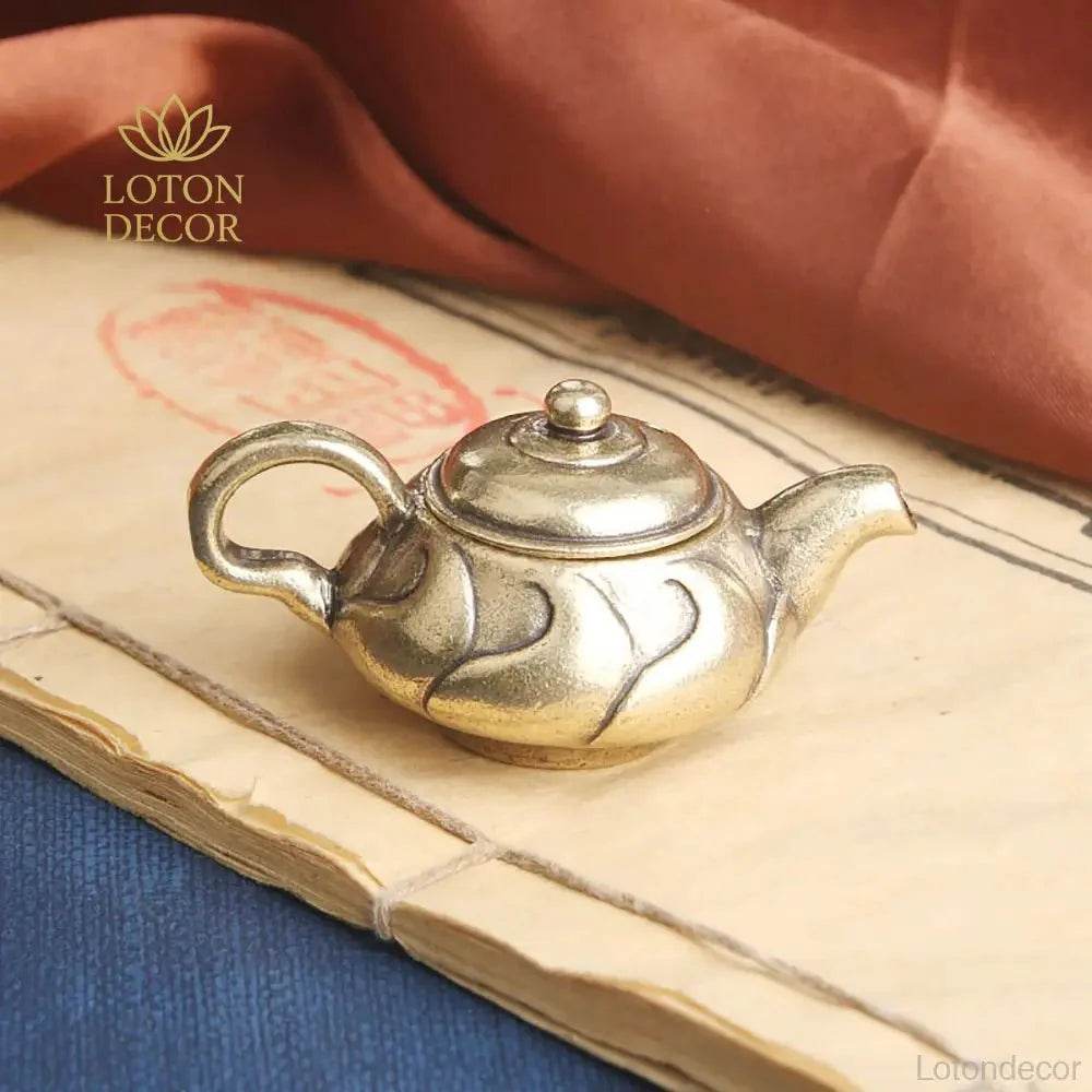 Solid Brass Teapot Cloud Flow Pattern Feng Shui Wealth Attraction Treasure Tea Pot Amulet for Prosperity Collectible - Loton Decor