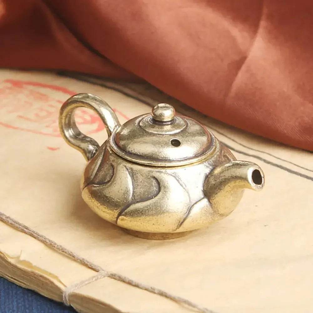 Solid Brass Teapot Cloud Flow Pattern Feng Shui Wealth Attraction Treasure Tea Pot Amulet for Prosperity Collectible - Loton Decor