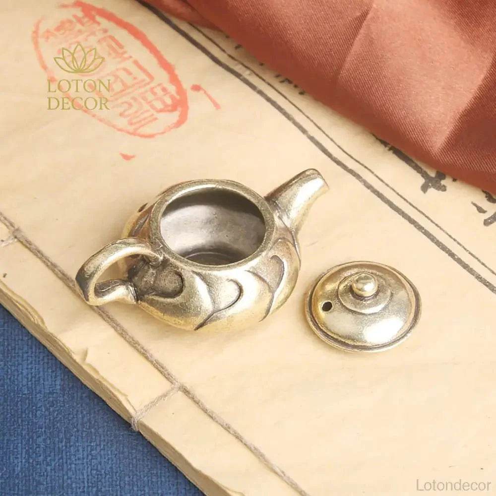 Solid Brass Teapot Cloud Flow Pattern Feng Shui Wealth Attraction Treasure Tea Pot Amulet for Prosperity Collectible - Loton Decor