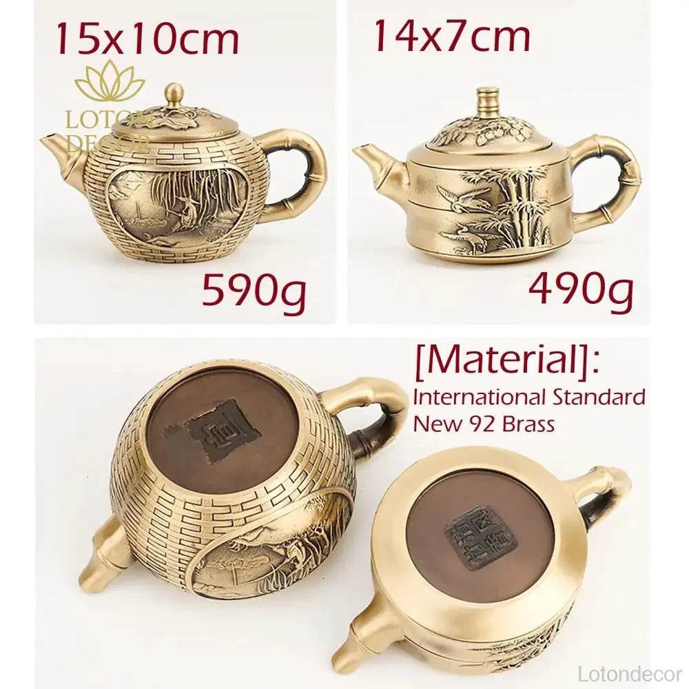 Solid Brass Teapot Wonderland of Bamboo Crane Feng Shui Treasure Wealth Attraction Tea Pot Amulet for Prosperity - Loton Decor