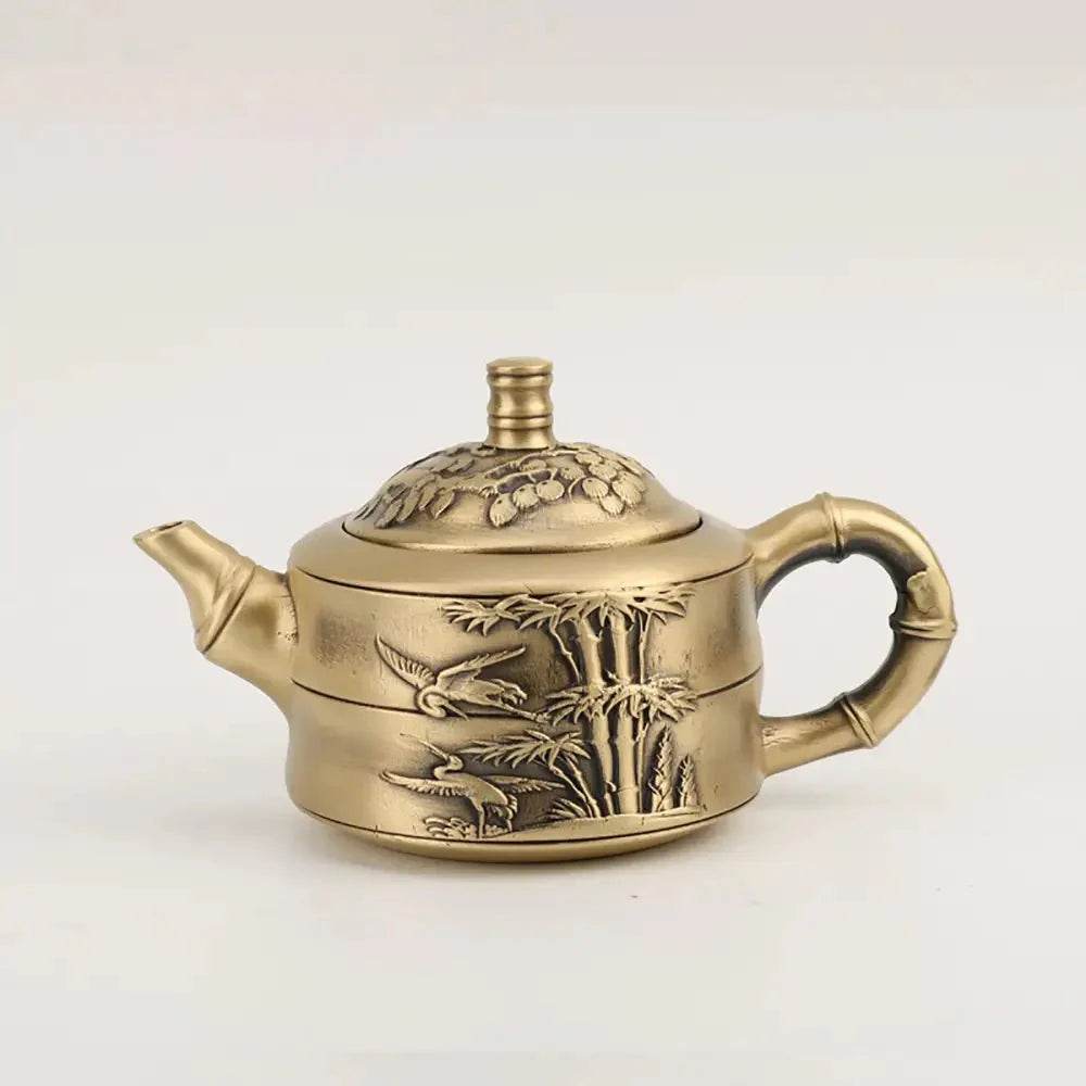 Solid Brass Teapot Wonderland of Bamboo Crane Feng Shui Treasure Wealth Attraction Tea Pot Amulet for Prosperity - Loton Decor