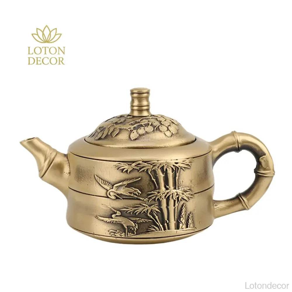 Solid Brass Teapot Wonderland of Bamboo Crane Feng Shui Treasure Wealth Attraction Tea Pot Amulet for Prosperity - Loton Decor