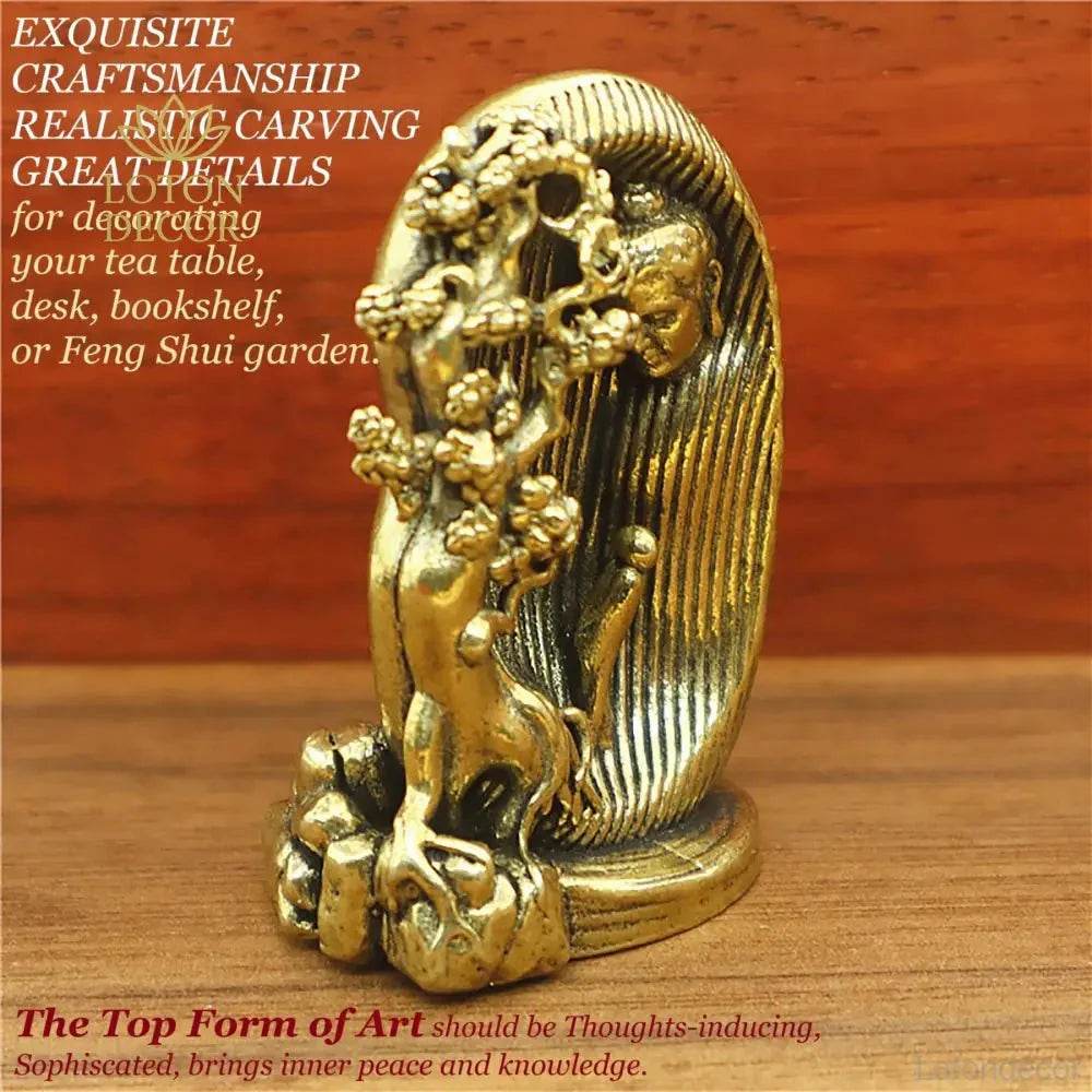 Solid Brass Thai Buddha Statue Monk and Pipal Monk Meditation Sculpture Golden Feng Shui Amulet for Tranquility - Loton Decor