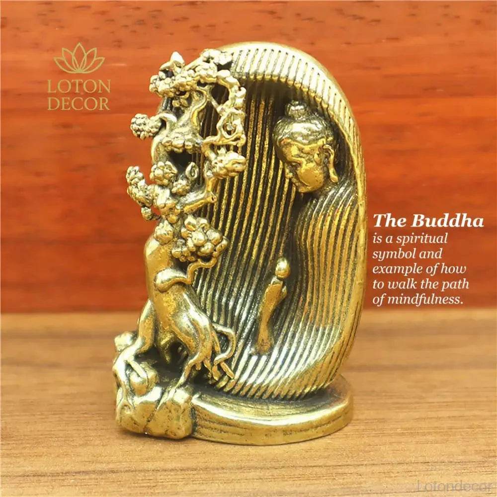 Solid Brass Thai Buddha Statue Monk and Pipal Monk Meditation Sculpture Golden Feng Shui Amulet for Tranquility - Loton Decor