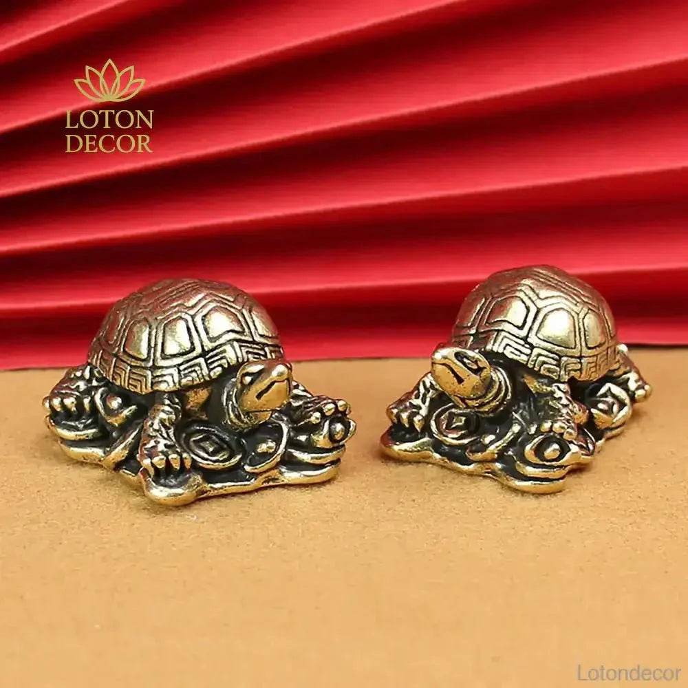 Solid Brass Turtle Statue Tortoise Antique Metal Art Feng Shui Wealth Amulet Talisman for Longevity Luck Money - Loton Decor