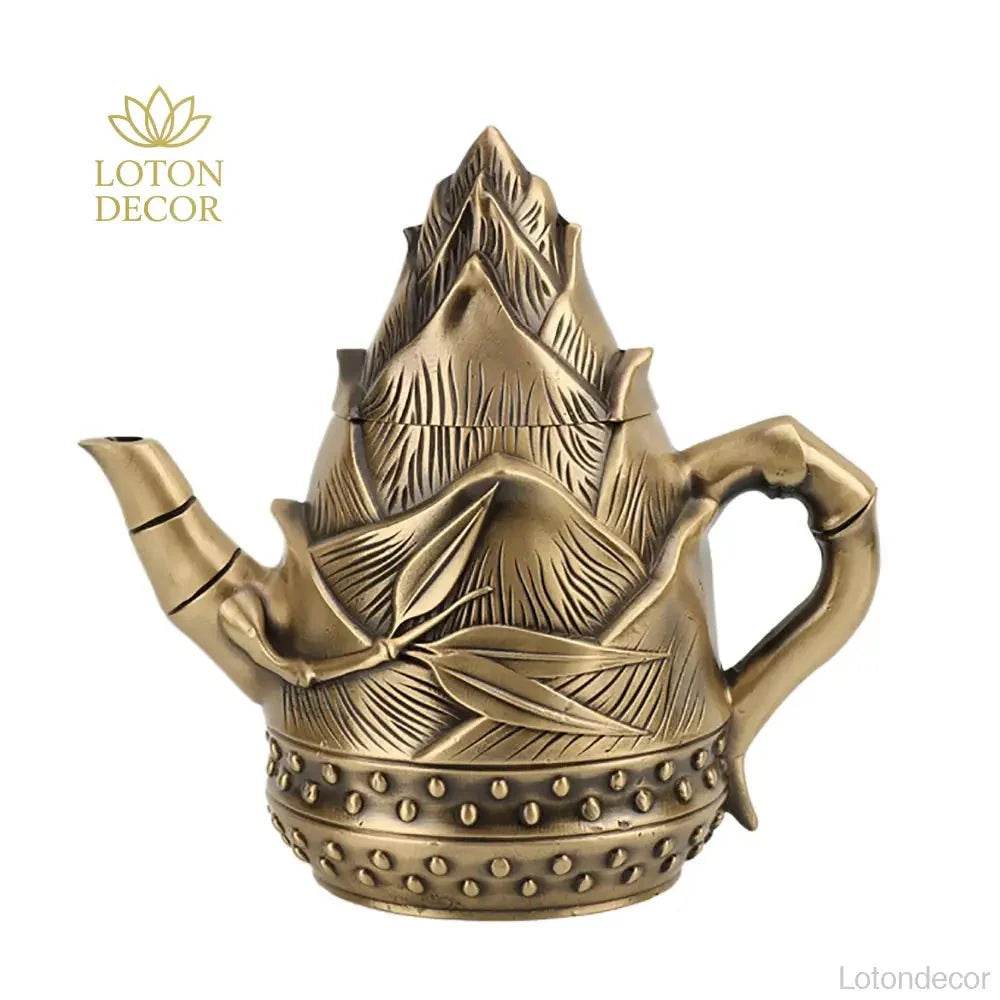 Solid Pure Brass Bamboo Shoot Teapot Antique Luxurious Bamboo Sprout Tea Pot Wealth Attraction Tea Accesory - Loton Decor