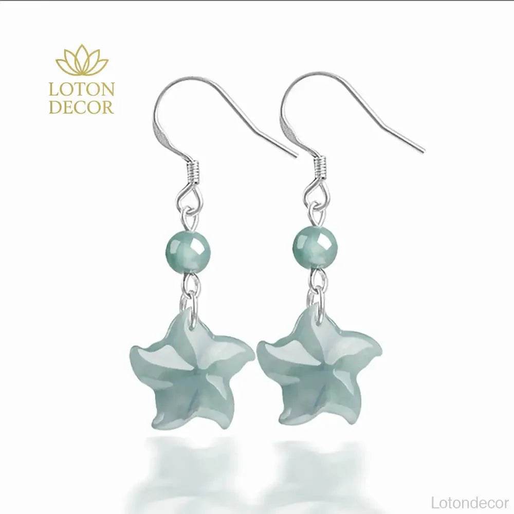 Star Fish Jade Earrings Blue Water Fei Cui Jade S925 Pure Silver Parts Feng Shui Vacation Jewelry - Loton Decor