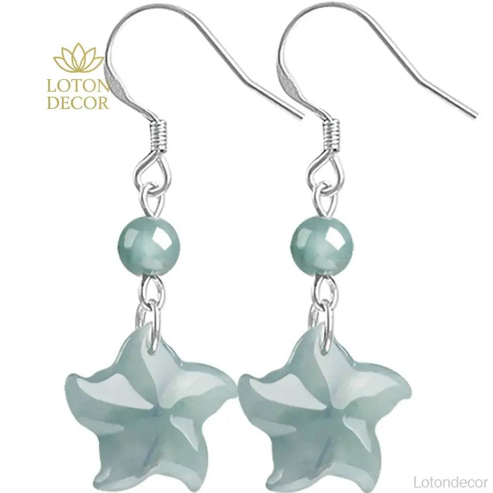 Star Fish Jade Earrings Blue Water Fei Cui Jade S925 Pure Silver Parts Feng Shui Vacation Jewelry - Loton Decor
