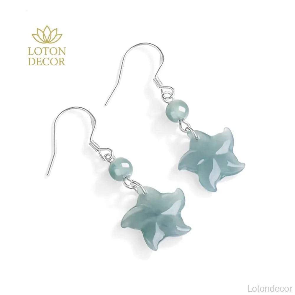 Star Fish Jade Earrings Blue Water Fei Cui Jade S925 Pure Silver Parts Feng Shui Vacation Jewelry - Loton Decor