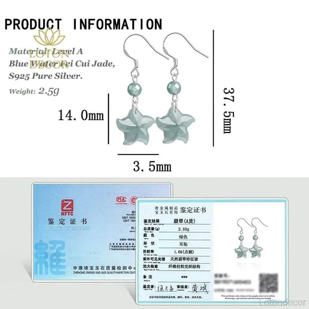 Star Fish Jade Earrings Blue Water Fei Cui Jade S925 Pure Silver Parts Feng Shui Vacation Jewelry - Loton Decor