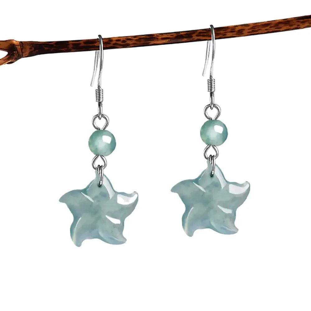 Star Fish Jade Earrings Blue Water Fei Cui Jade S925 Pure Silver Parts Feng Shui Vacation Jewelry - Loton Decor